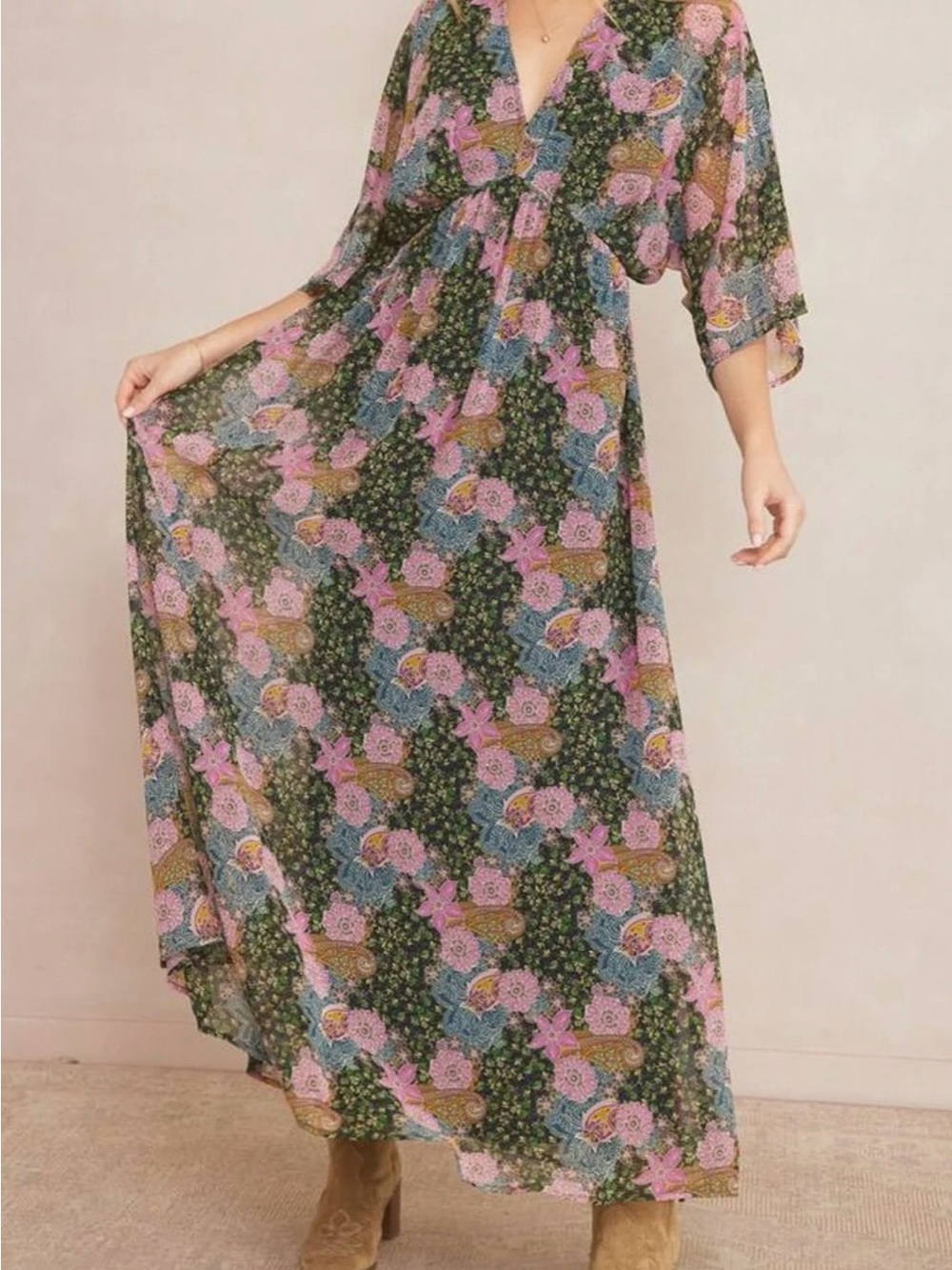 entro Navy Floral V-Neck Maxi Dress with Pink & Red Accents